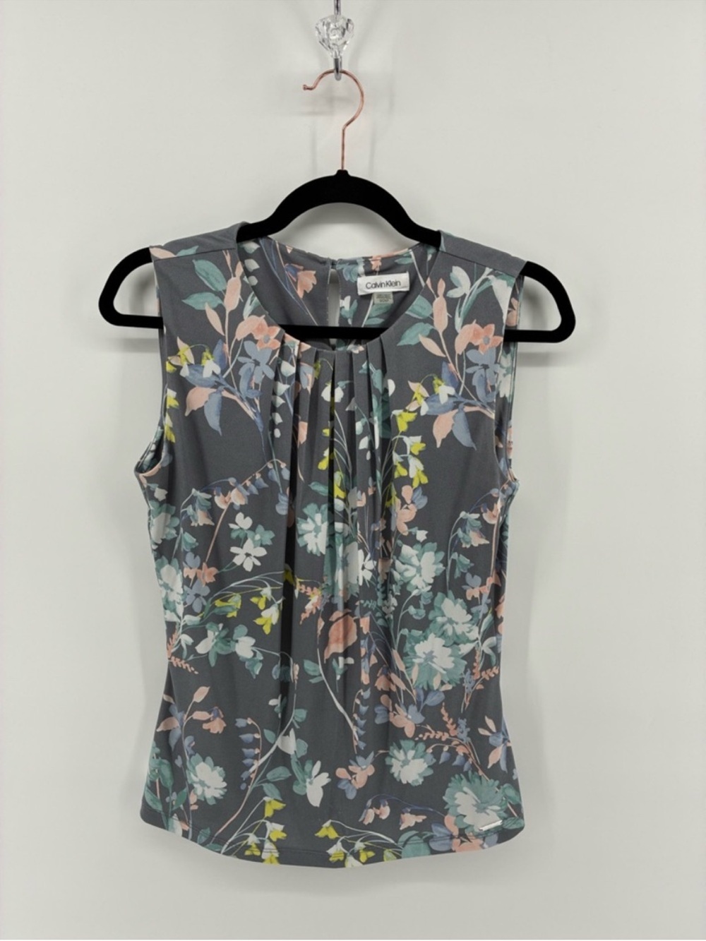 Calvin Klein Floral Pleat Front Sleeveless Tank Top Gray Office Business Casual